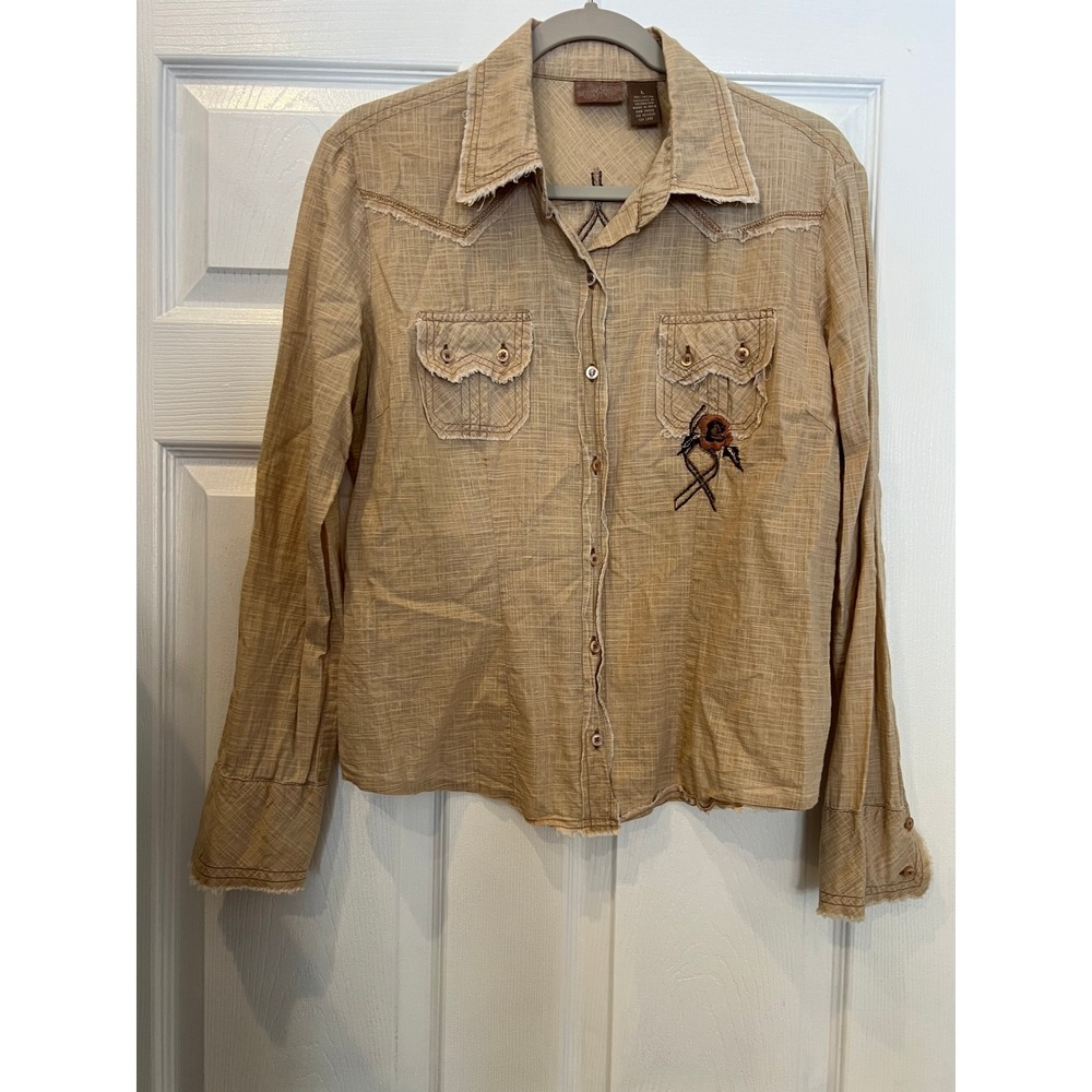 Daytrip Western Button Down Shirt Tan Cotton Floral Embroidered Frayed Boho